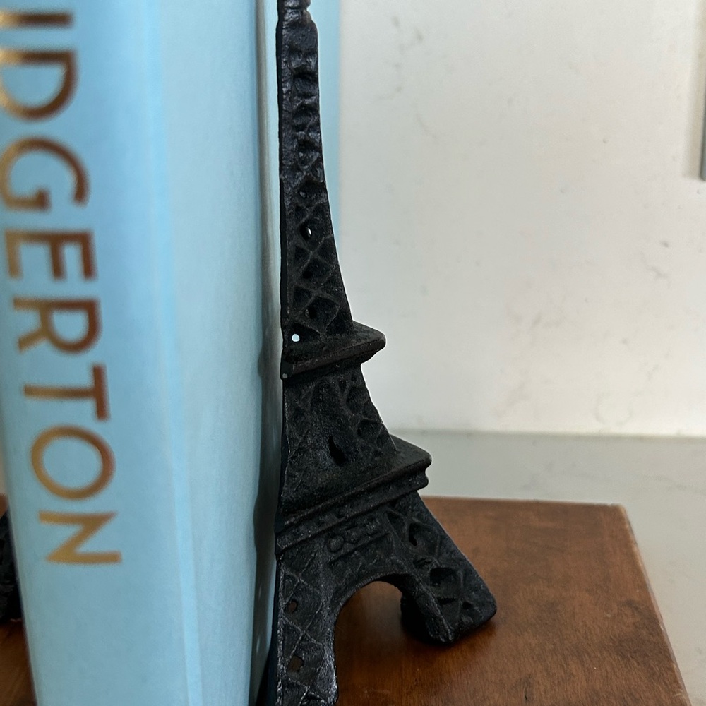 Vintage Eiffel Tower Paris Cast Iron Bookends/ Decor, Wooden Base - Picture 5 of 7